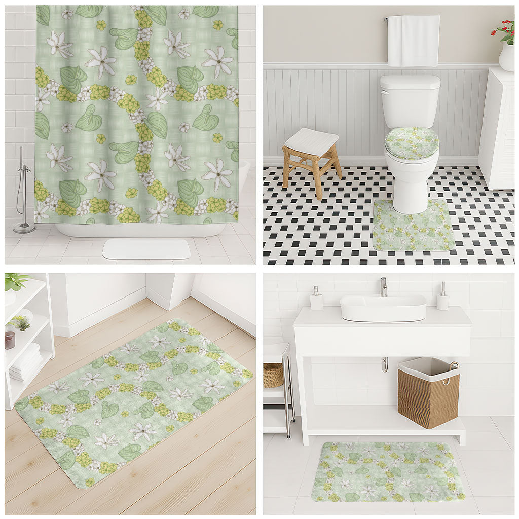 Hawaii Anthurium Tiare Pikake Lei Bathroom Set Sage Green Lauhala Art Pattern