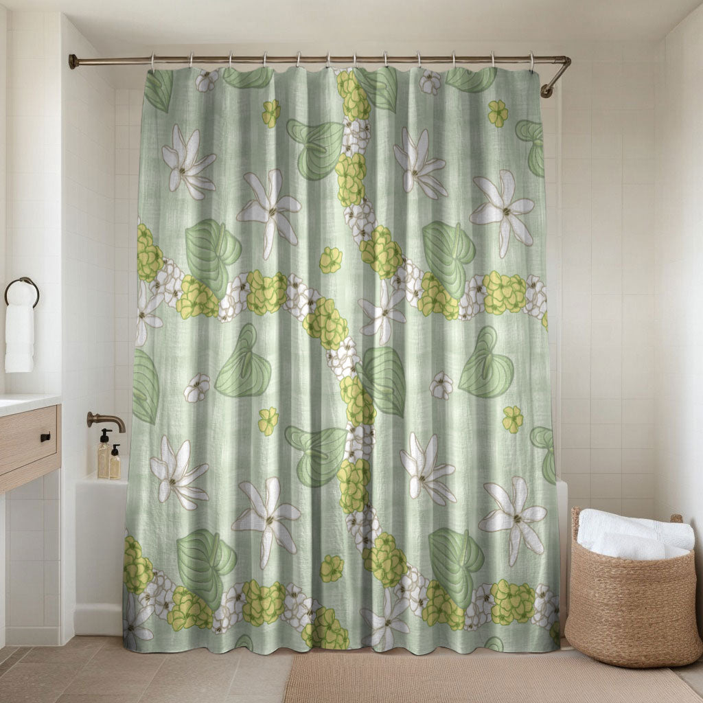 Hawaii Anthurium Tiare Pikake Lei Bathroom Set Sage Green Lauhala Art Pattern