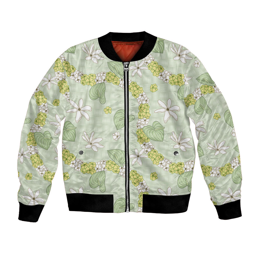 Hawaii Anthurium Tiare Pikake Lei Bomber Jacket Sage Green Lauhala Art Pattern