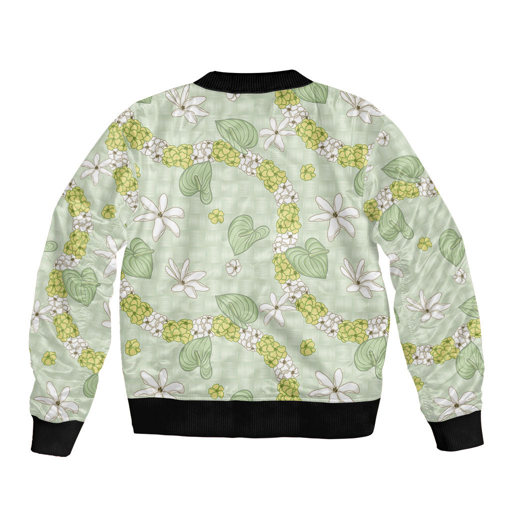 Hawaii Anthurium Tiare Pikake Lei Bomber Jacket Sage Green Lauhala Art Pattern