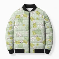 Hawaii Anthurium Tiare Pikake Lei Bomber Puffer Jacket Sage Green Lauhala Art Pattern