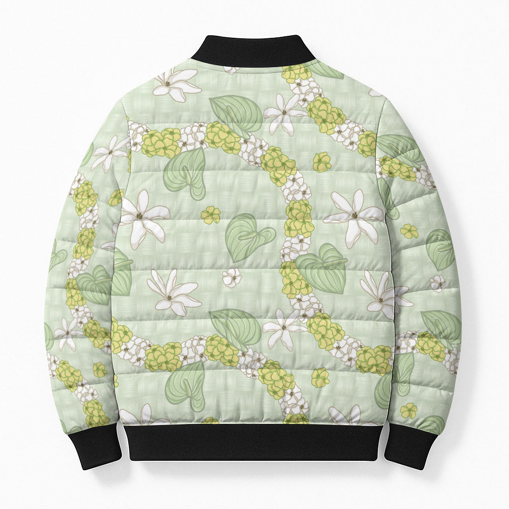 Hawaii Anthurium Tiare Pikake Lei Bomber Puffer Jacket Sage Green Lauhala Art Pattern