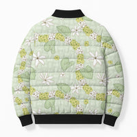 Hawaii Anthurium Tiare Pikake Lei Bomber Puffer Jacket Sage Green Lauhala Art Pattern