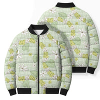 Hawaii Anthurium Tiare Pikake Lei Bomber Puffer Jacket Sage Green Lauhala Art Pattern
