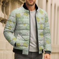 Hawaii Anthurium Tiare Pikake Lei Bomber Puffer Jacket Sage Green Lauhala Art Pattern