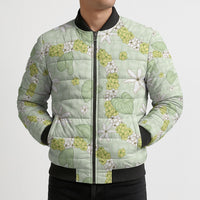 Hawaii Anthurium Tiare Pikake Lei Bomber Puffer Jacket Sage Green Lauhala Art Pattern