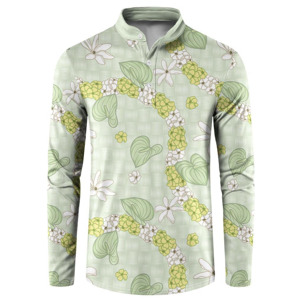 Hawaii Anthurium Tiare Pikake Lei Button Sweatshirt Sage Green Lauhala Art Pattern