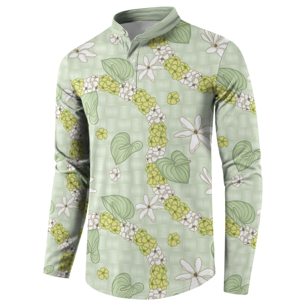 Hawaii Anthurium Tiare Pikake Lei Button Sweatshirt Sage Green Lauhala Art Pattern