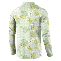 Hawaii Anthurium Tiare Pikake Lei Button Sweatshirt Sage Green Lauhala Art Pattern