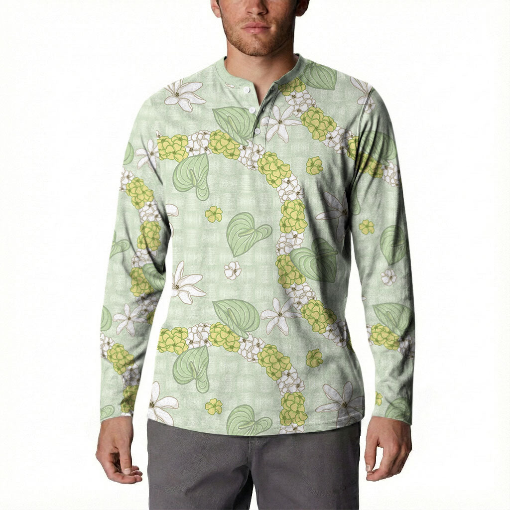 Hawaii Anthurium Tiare Pikake Lei Button Sweatshirt Sage Green Lauhala Art Pattern