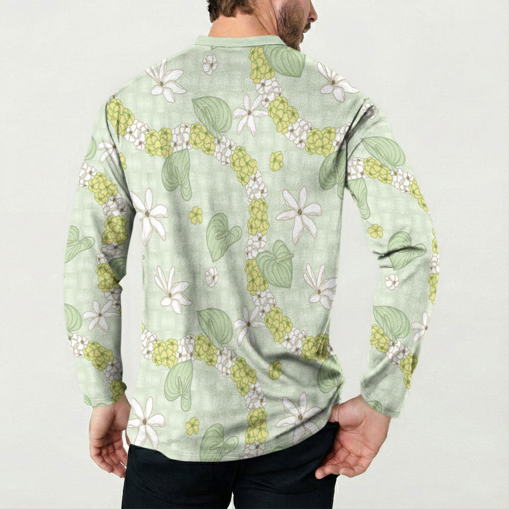 Hawaii Anthurium Tiare Pikake Lei Button Sweatshirt Sage Green Lauhala Art Pattern