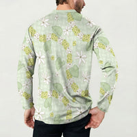 Hawaii Anthurium Tiare Pikake Lei Button Sweatshirt Sage Green Lauhala Art Pattern