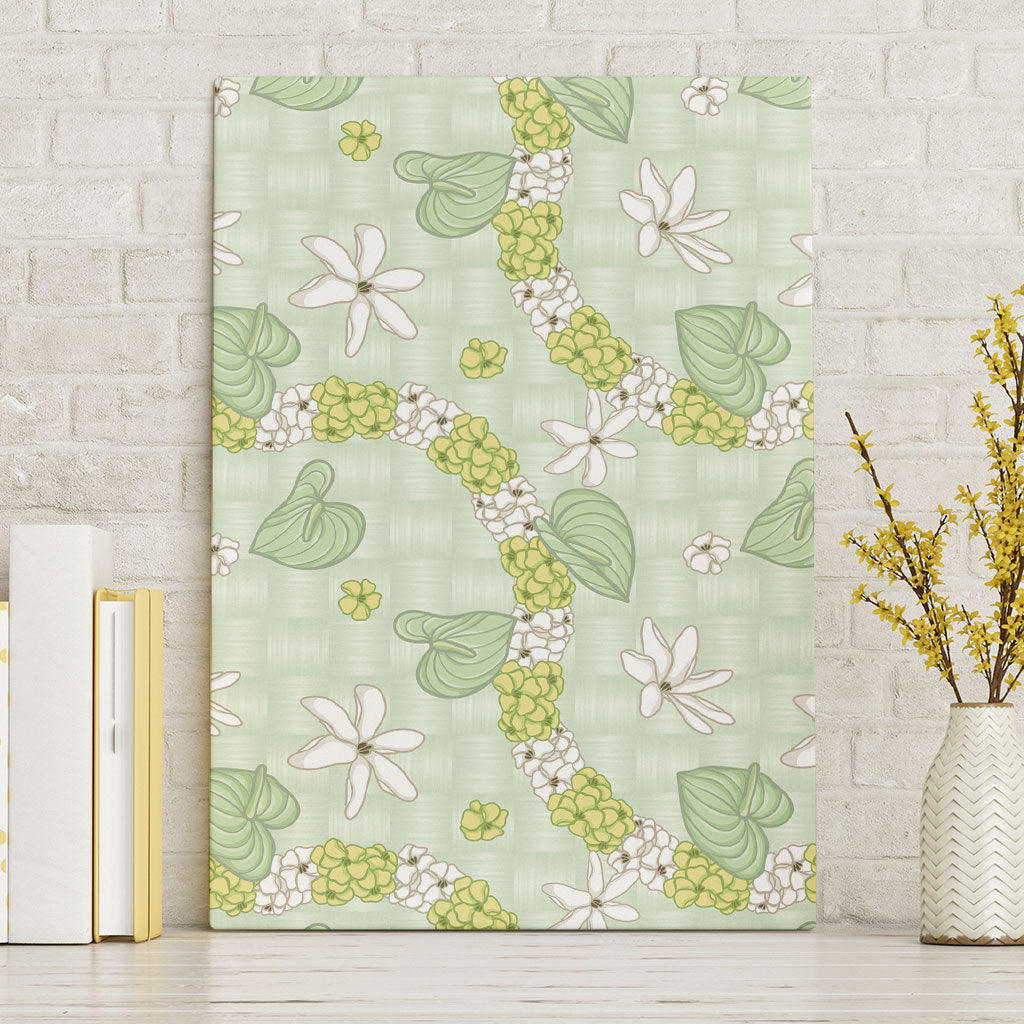 Hawaii Anthurium Tiare Pikake Lei Canvas Wall Art Sage Green Lauhala Art Pattern
