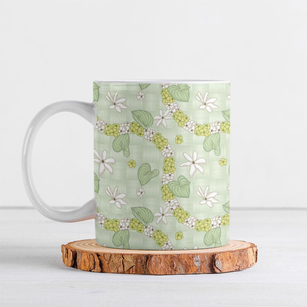 Hawaii Anthurium Tiare Pikake Lei Ceramic Mug Sage Green Lauhala Art Pattern