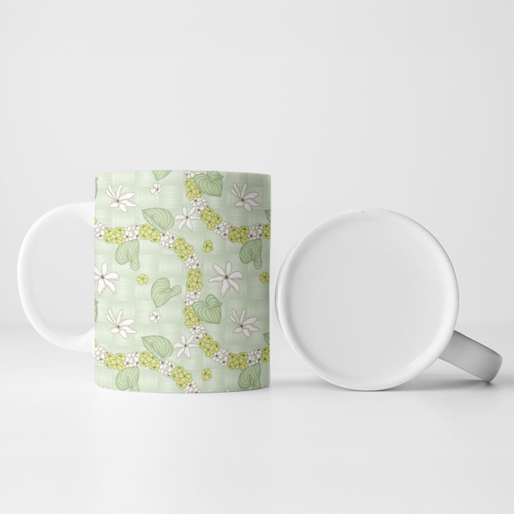 Hawaii Anthurium Tiare Pikake Lei Ceramic Mug Sage Green Lauhala Art Pattern
