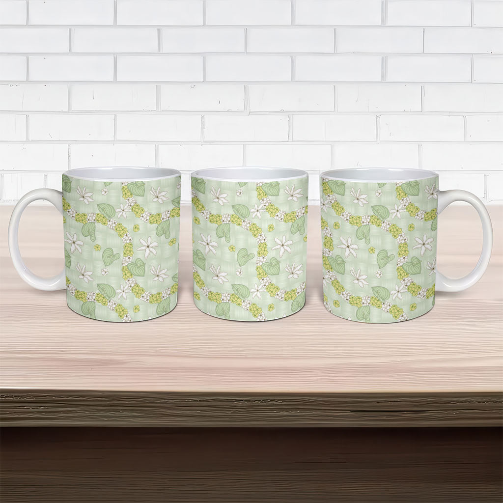Hawaii Anthurium Tiare Pikake Lei Ceramic Mug Sage Green Lauhala Art Pattern