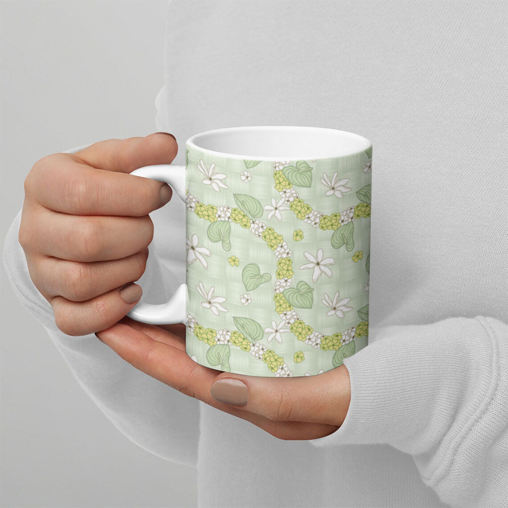 Hawaii Anthurium Tiare Pikake Lei Ceramic Mug Sage Green Lauhala Art Pattern