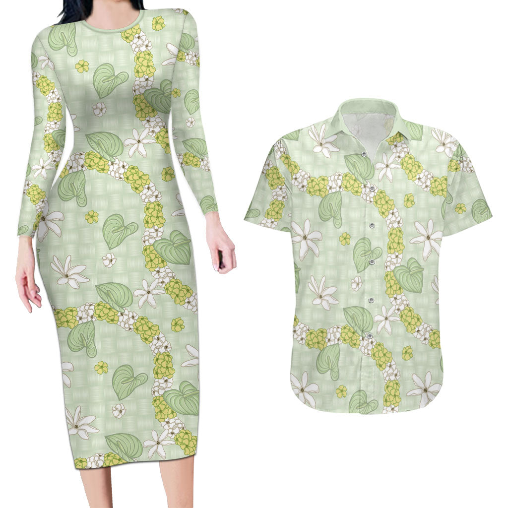 Hawaii Anthurium Tiare Pikake Lei Couples Matching Long Sleeve Bodycon Dress and Hawaiian Shirt Sage Green Lauhala Art Pattern LT01 Green - Polynesian Pride