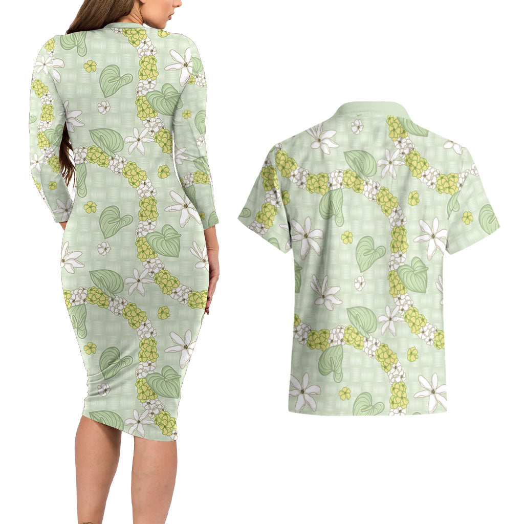 Hawaii Anthurium Tiare Pikake Lei Couples Matching Long Sleeve Bodycon Dress and Hawaiian Shirt Sage Green Lauhala Art Pattern LT01 - Polynesian Pride