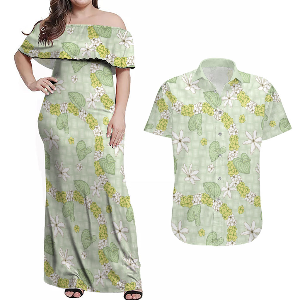 Hawaii Anthurium Tiare Pikake Lei Couples Matching Off Shoulder Maxi Dress and Hawaiian Shirt Sage Green Lauhala Art Pattern