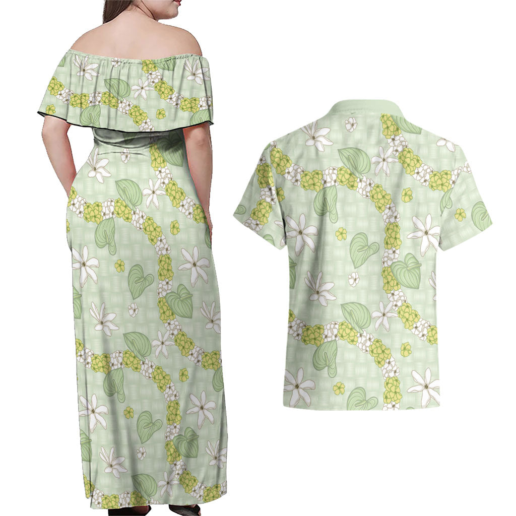 Hawaii Anthurium Tiare Pikake Lei Couples Matching Off Shoulder Maxi Dress and Hawaiian Shirt Sage Green Lauhala Art Pattern LT01 - Polynesian Pride
