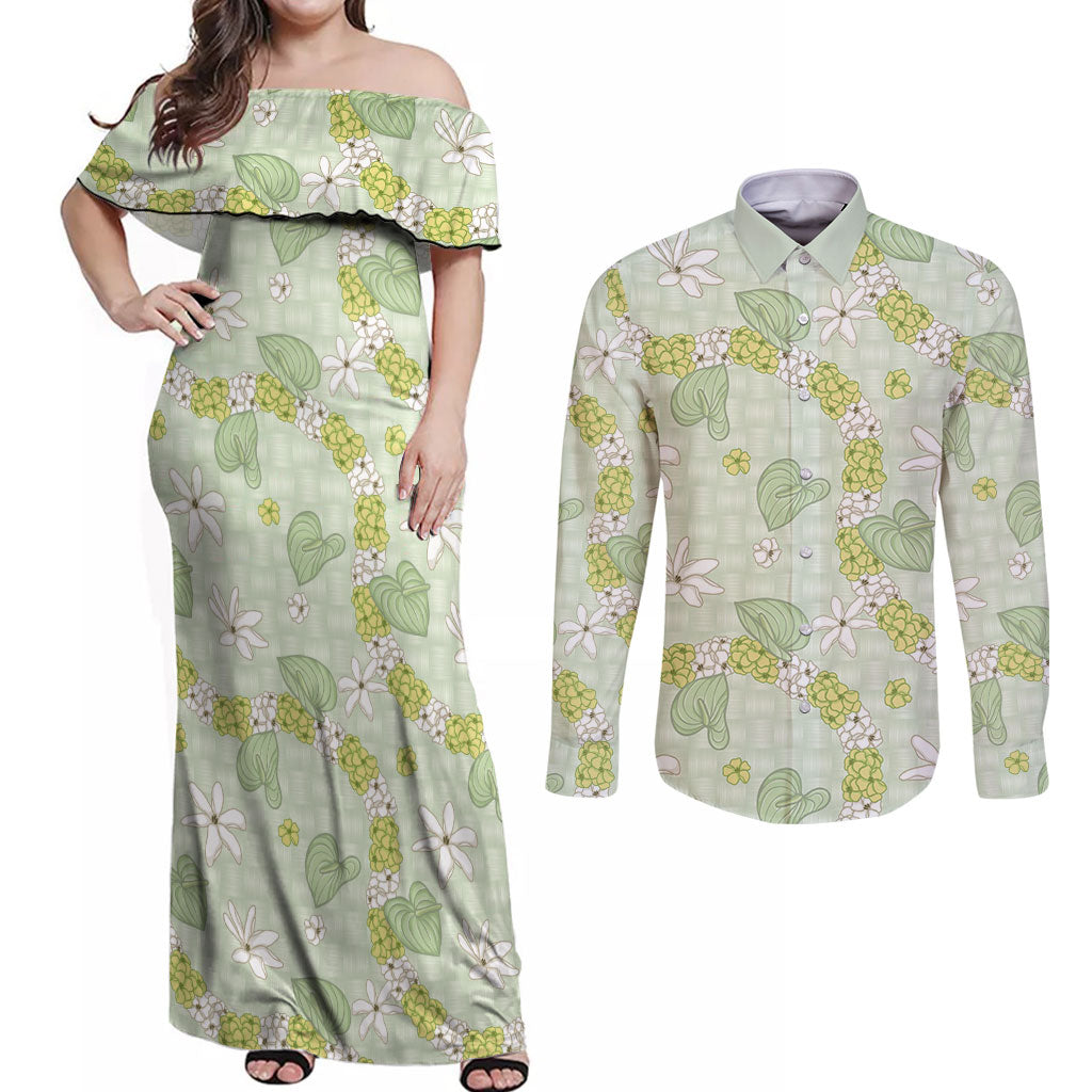 Hawaii Anthurium Tiare Pikake Lei Couples Matching Off Shoulder Maxi Dress and Long Sleeve Button Shirt Sage Green Lauhala Art Pattern