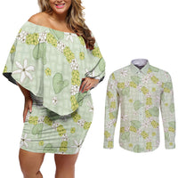 Hawaii Anthurium Tiare Pikake Lei Couples Matching Off Shoulder Short Dress and Long Sleeve Button Shirt Sage Green Lauhala Art Pattern LT01 Green - Polynesian Pride