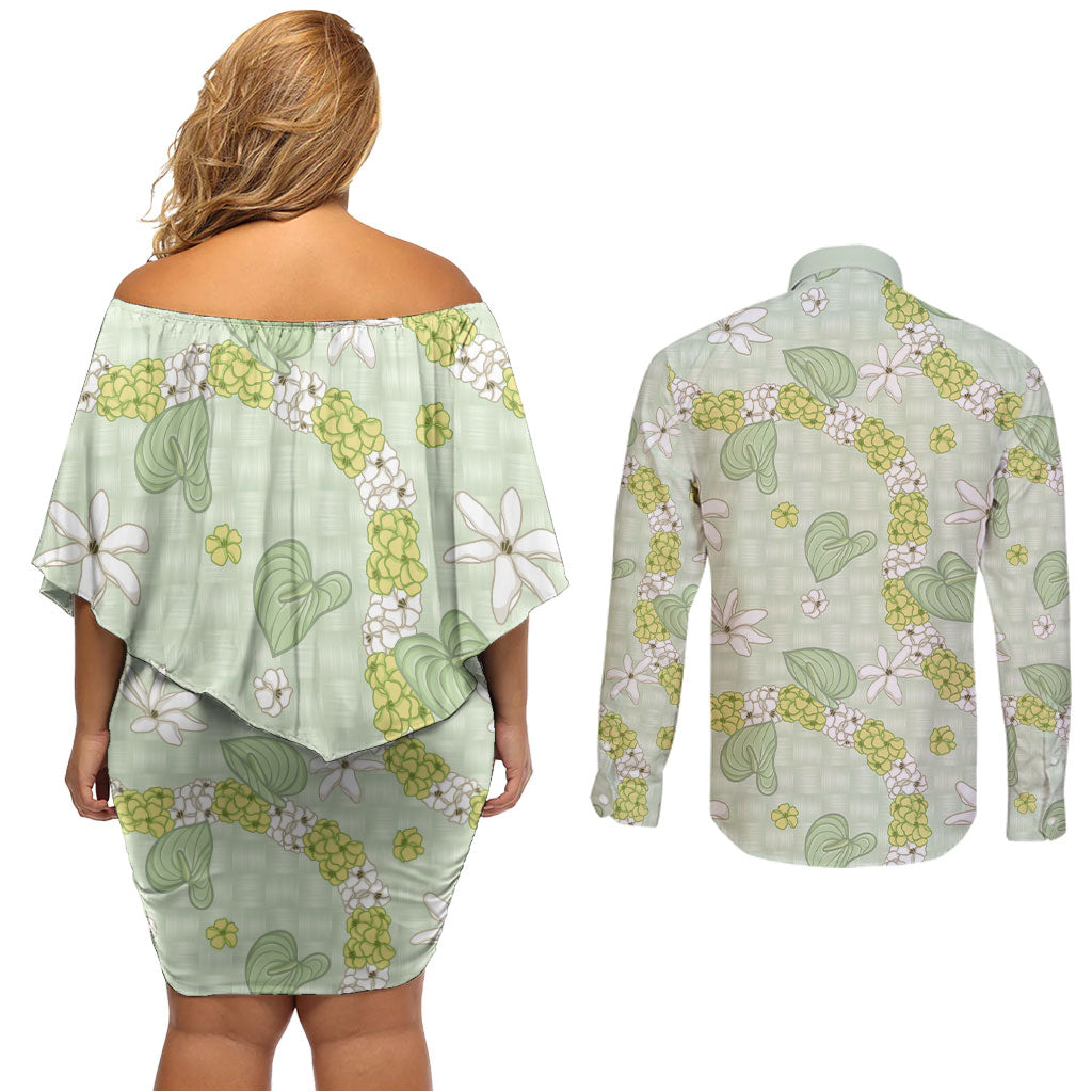Hawaii Anthurium Tiare Pikake Lei Couples Matching Off Shoulder Short Dress and Long Sleeve Button Shirt Sage Green Lauhala Art Pattern LT01 - Polynesian Pride