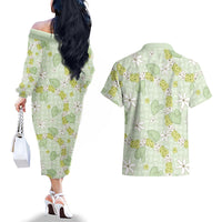 Hawaii Anthurium Tiare Pikake Lei Couples Matching Off The Shoulder Long Sleeve Dress and Hawaiian Shirt Sage Green Lauhala Art Pattern LT01 - Polynesian Pride