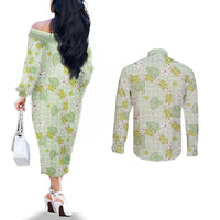 Hawaii Anthurium Tiare Pikake Lei Couples Matching Off The Shoulder Long Sleeve Dress and Long Sleeve Button Shirt Sage Green Lauhala Art Pattern LT01 - Polynesian Pride