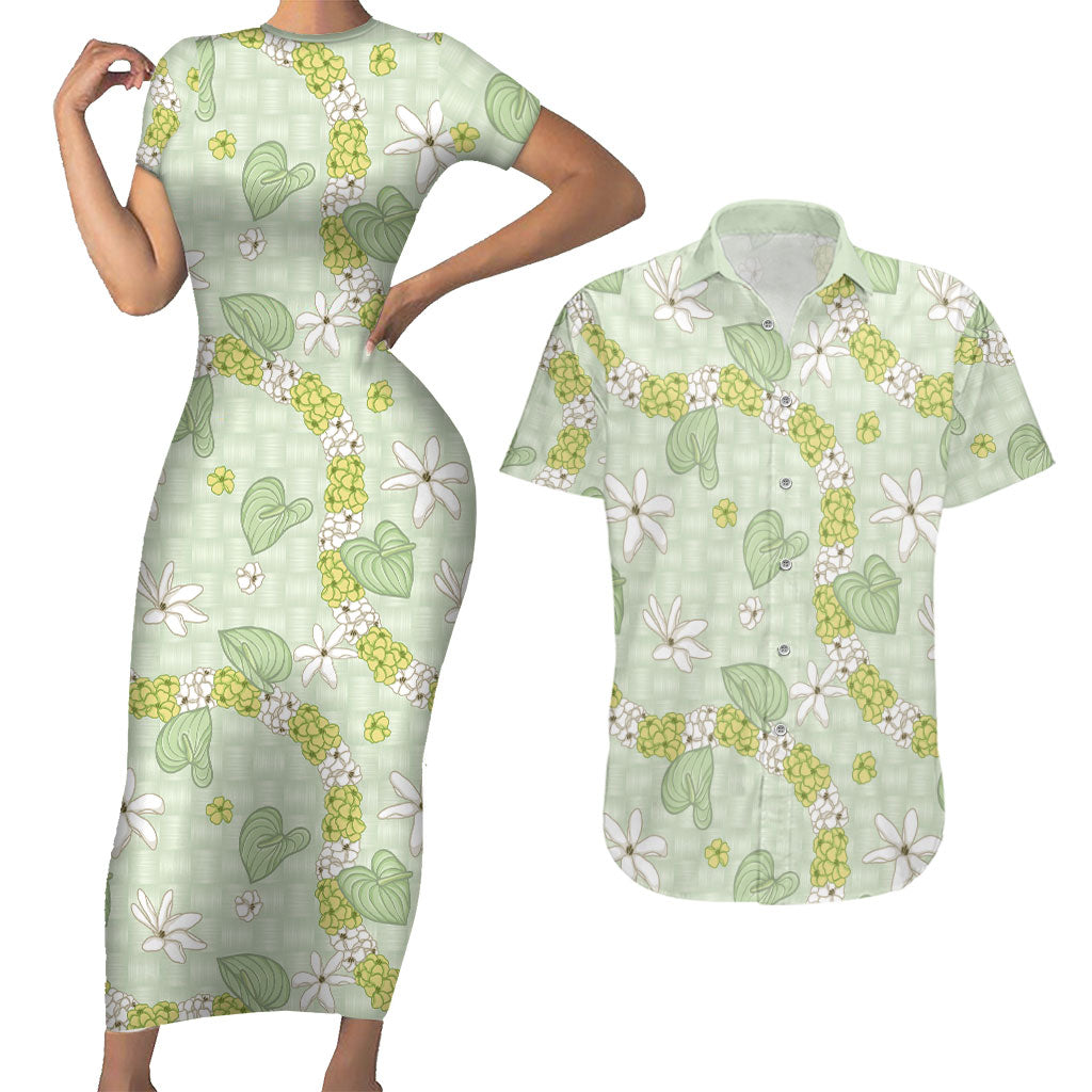 Hawaii Anthurium Tiare Pikake Lei Couples Matching Short Sleeve Bodycon Dress and Hawaiian Shirt Sage Green Lauhala Art Pattern