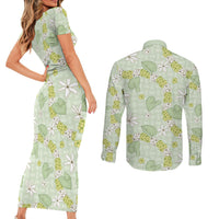 Hawaii Anthurium Tiare Pikake Lei Couples Matching Short Sleeve Bodycon Dress and Long Sleeve Button Shirt Sage Green Lauhala Art Pattern