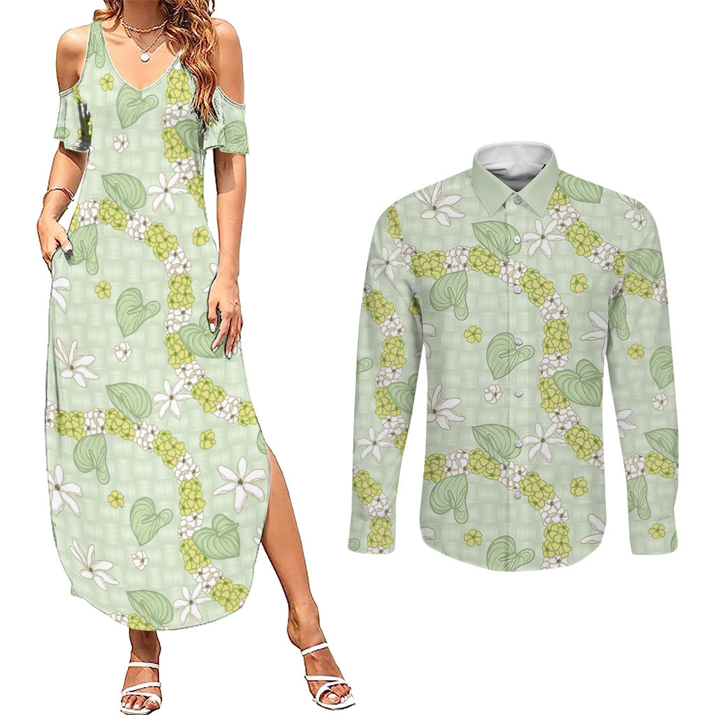 Hawaii Anthurium Tiare Pikake Lei Couples Matching Summer Maxi Dress and Long Sleeve Button Shirt Sage Green Lauhala Art Pattern LT01 Green - Polynesian Pride