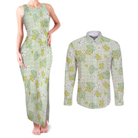 Hawaii Anthurium Tiare Pikake Lei Couples Matching Tank Maxi Dress and Long Sleeve Button Shirt Sage Green Lauhala Art Pattern LT01 Green - Polynesian Pride