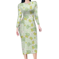 Hawaii Anthurium Tiare Pikake Lei Family Matching Long Sleeve Bodycon Dress and Hawaiian Shirt Sage Green Lauhala Art Pattern LT01 Mom's Dress Green - Polynesian Pride