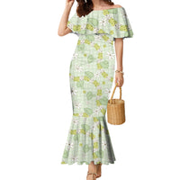 Hawaii Anthurium Tiare Pikake Lei Family Matching Mermaid Dress and Hawaiian Shirt Sage Green Lauhala Art Pattern