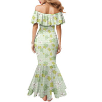 Hawaii Anthurium Tiare Pikake Lei Family Matching Mermaid Dress and Hawaiian Shirt Sage Green Lauhala Art Pattern
