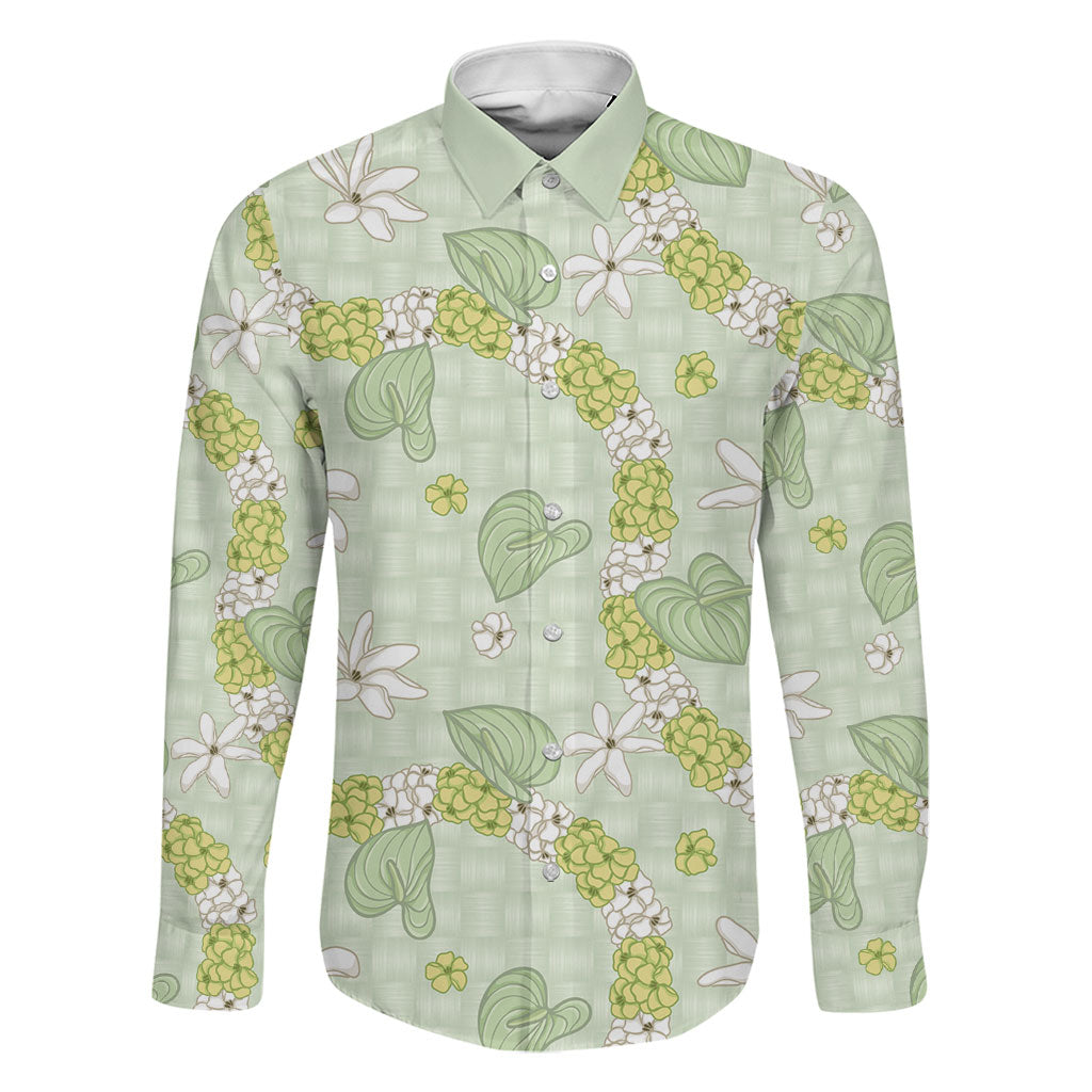 Hawaii Anthurium Tiare Pikake Lei Family Matching Off The Shoulder Long Sleeve Dress and Hawaiian Shirt Sage Green Lauhala Art Pattern