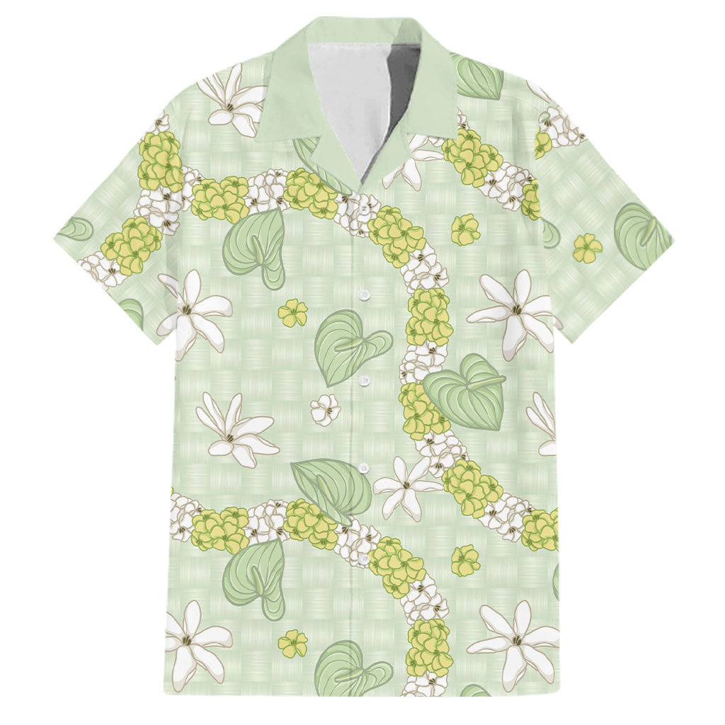 Hawaii Anthurium Tiare Pikake Lei Family Matching Off Shoulder Short Dress and Hawaiian Shirt Sage Green Lauhala Art Pattern