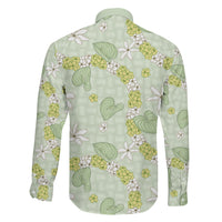 Hawaii Anthurium Tiare Pikake Lei Family Matching Off Shoulder Short Dress and Hawaiian Shirt Sage Green Lauhala Art Pattern