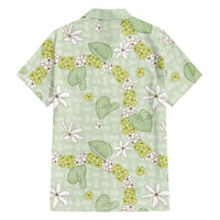 Hawaii Anthurium Tiare Pikake Lei Family Matching Short Sleeve Bodycon Dress and Hawaiian Shirt Sage Green Lauhala Art Pattern
