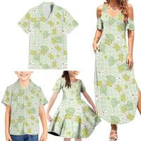 Hawaii Anthurium Tiare Pikake Lei Family Matching Summer Maxi Dress and Hawaiian Shirt Sage Green Lauhala Art Pattern