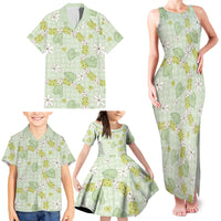 Hawaii Anthurium Tiare Pikake Lei Family Matching Tank Maxi Dress and Hawaiian Shirt Sage Green Lauhala Art Pattern