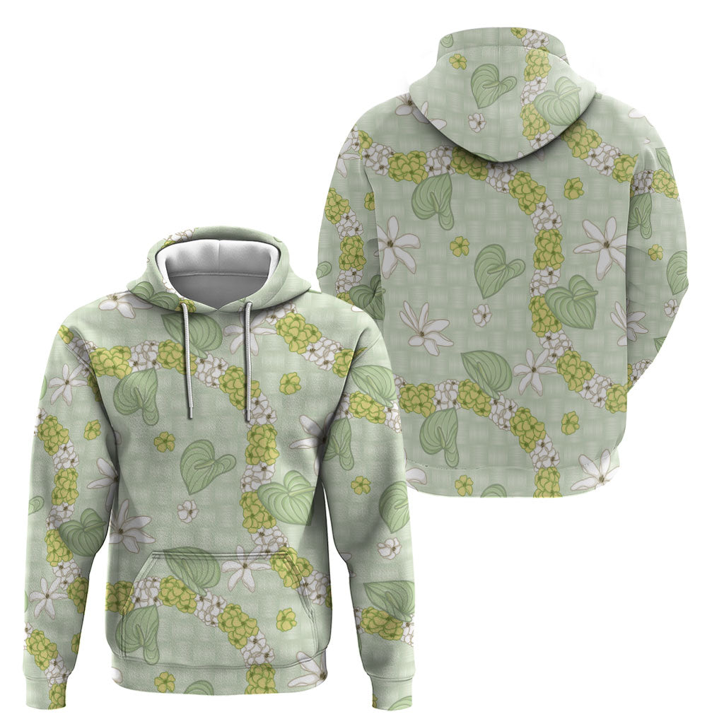 Hawaii Anthurium Tiare Pikake Lei Hoodie Sage Green Lauhala Art Pattern