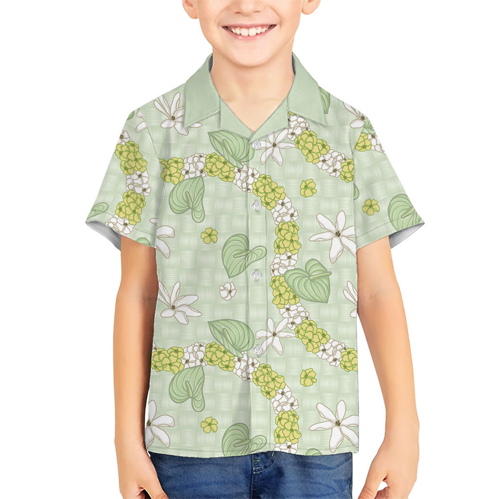 Hawaii Anthurium Tiare Pikake Lei Kid Hawaiian Shirt Sage Green Lauhala Art Pattern LT01 Kid Green - Polynesian Pride