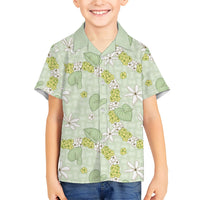 Hawaii Anthurium Tiare Pikake Lei Kid Hawaiian Shirt Sage Green Lauhala Art Pattern LT01 Kid Green - Polynesian Pride