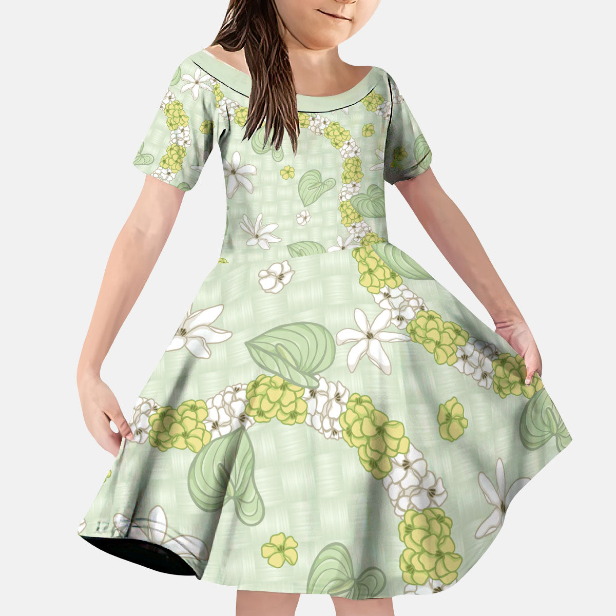 Hawaii Anthurium Tiare Pikake Lei Kid Short Sleeve Dress Sage Green Lauhala Art Pattern LT01 KID Green - Polynesian Pride