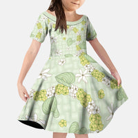 Hawaii Anthurium Tiare Pikake Lei Kid Short Sleeve Dress Sage Green Lauhala Art Pattern LT01 KID Green - Polynesian Pride
