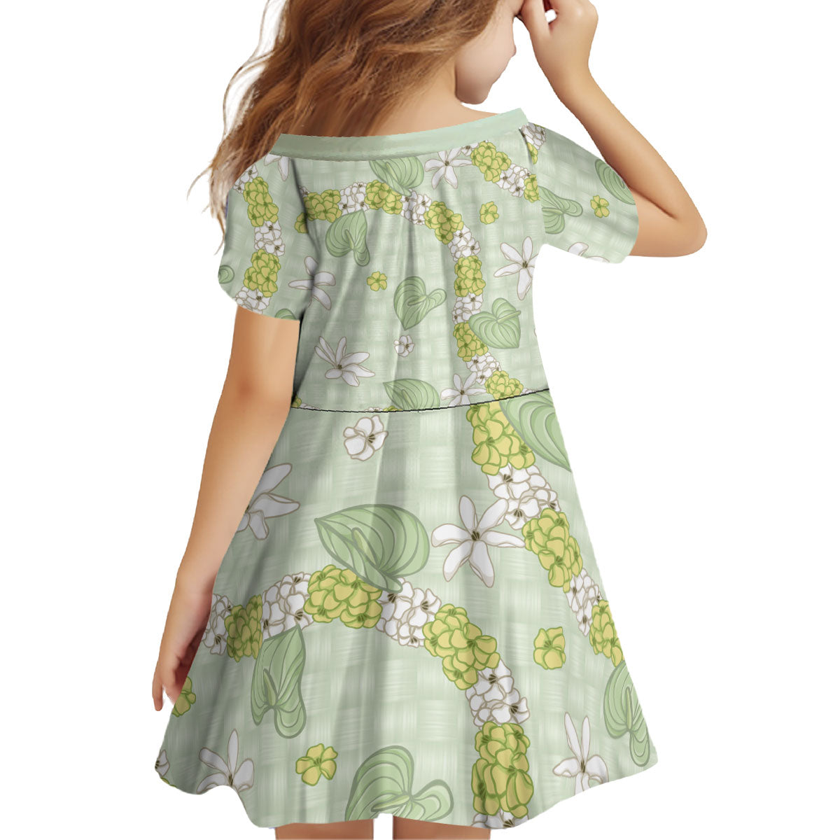 Hawaii Anthurium Tiare Pikake Lei Kid Short Sleeve Dress Sage Green Lauhala Art Pattern LT01 - Polynesian Pride