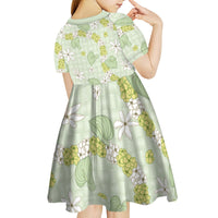 Hawaii Anthurium Tiare Pikake Lei Kid Short Sleeve Dress Sage Green Lauhala Art Pattern LT01 - Polynesian Pride
